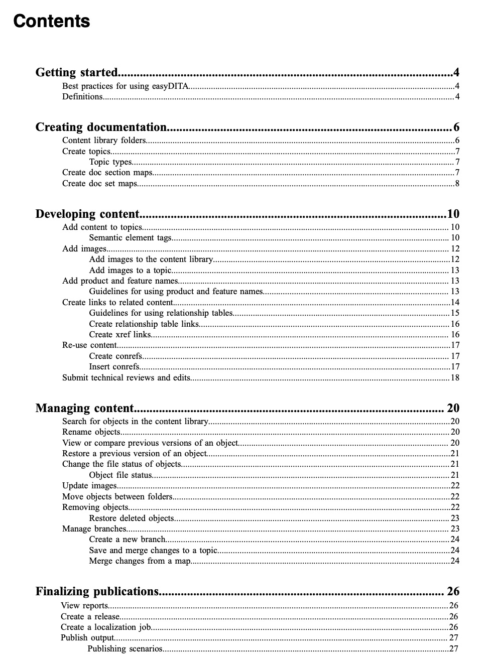 DITA authoring guide table of contents
