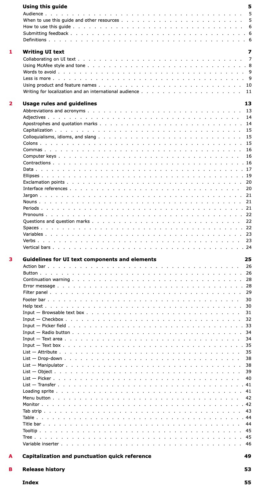 UI text style guide table of contents