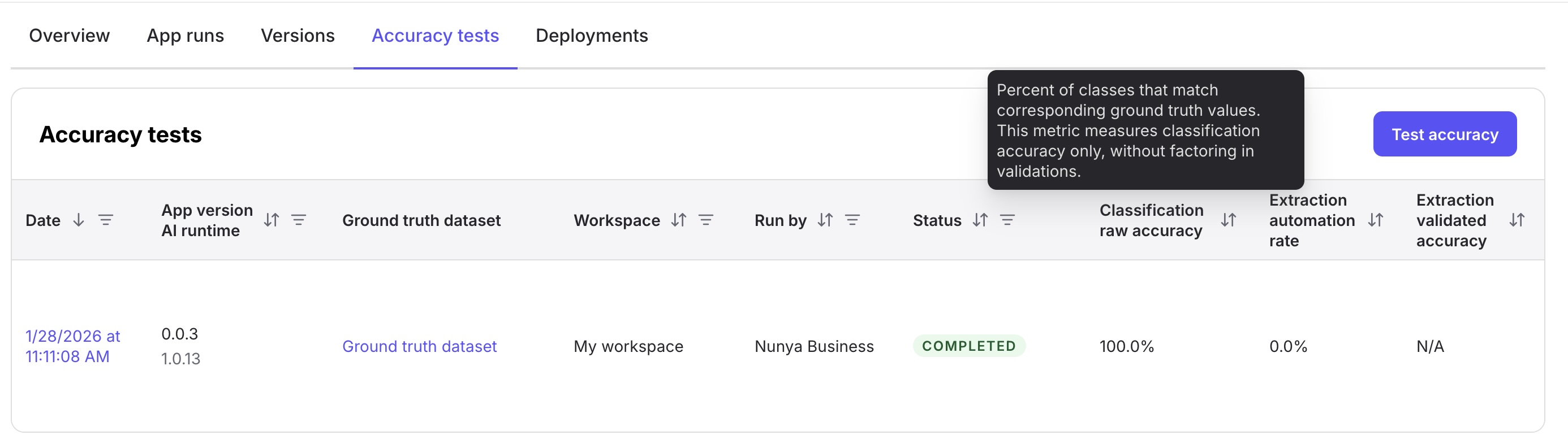 Accuracy testing interface