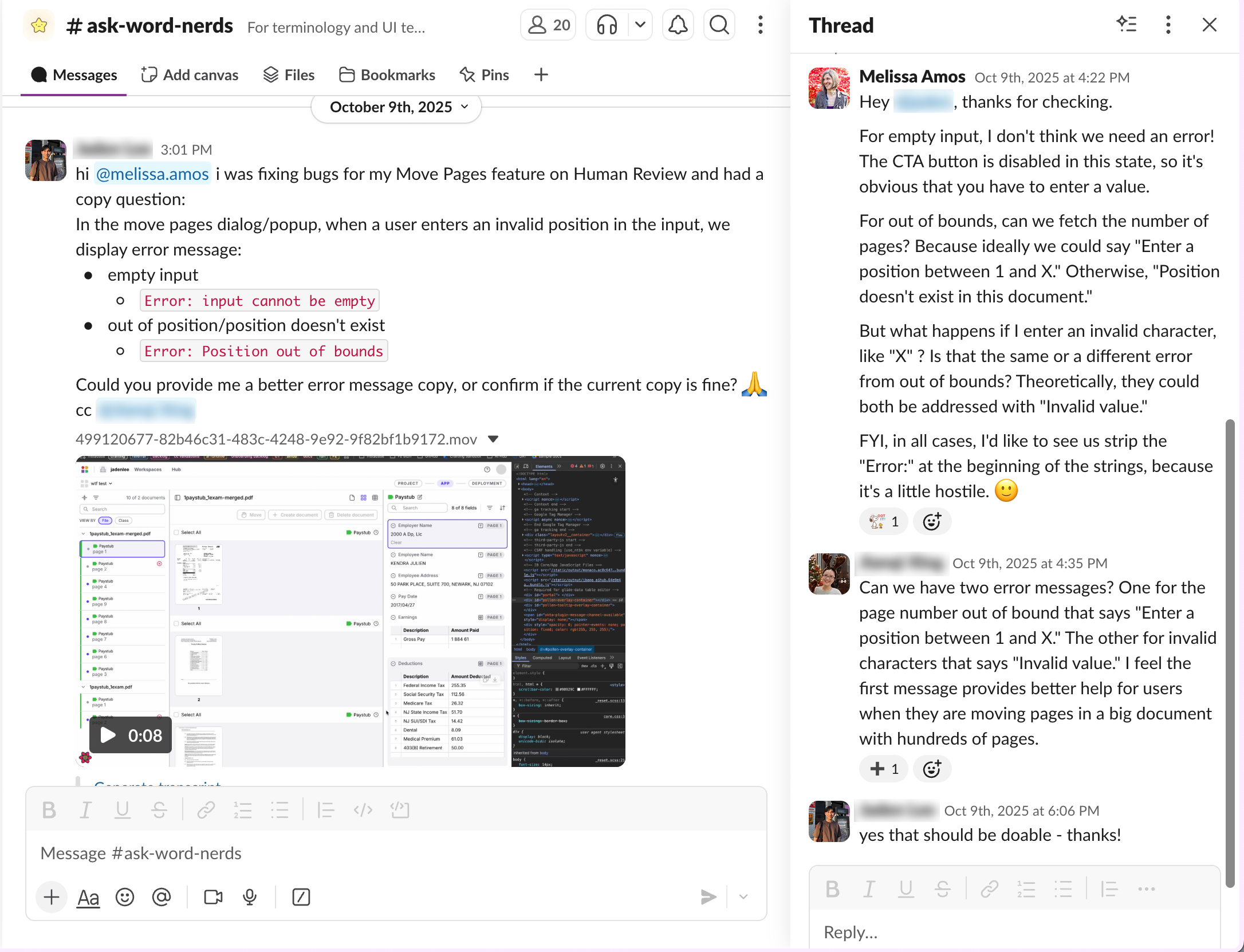 Slack collaboration on error messages