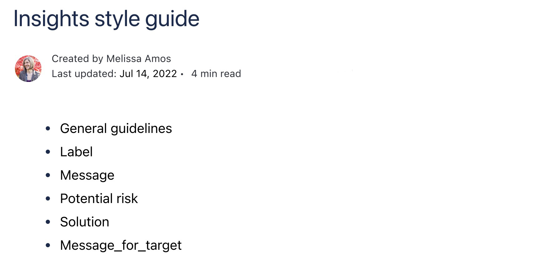 Insights style guide table of contents
